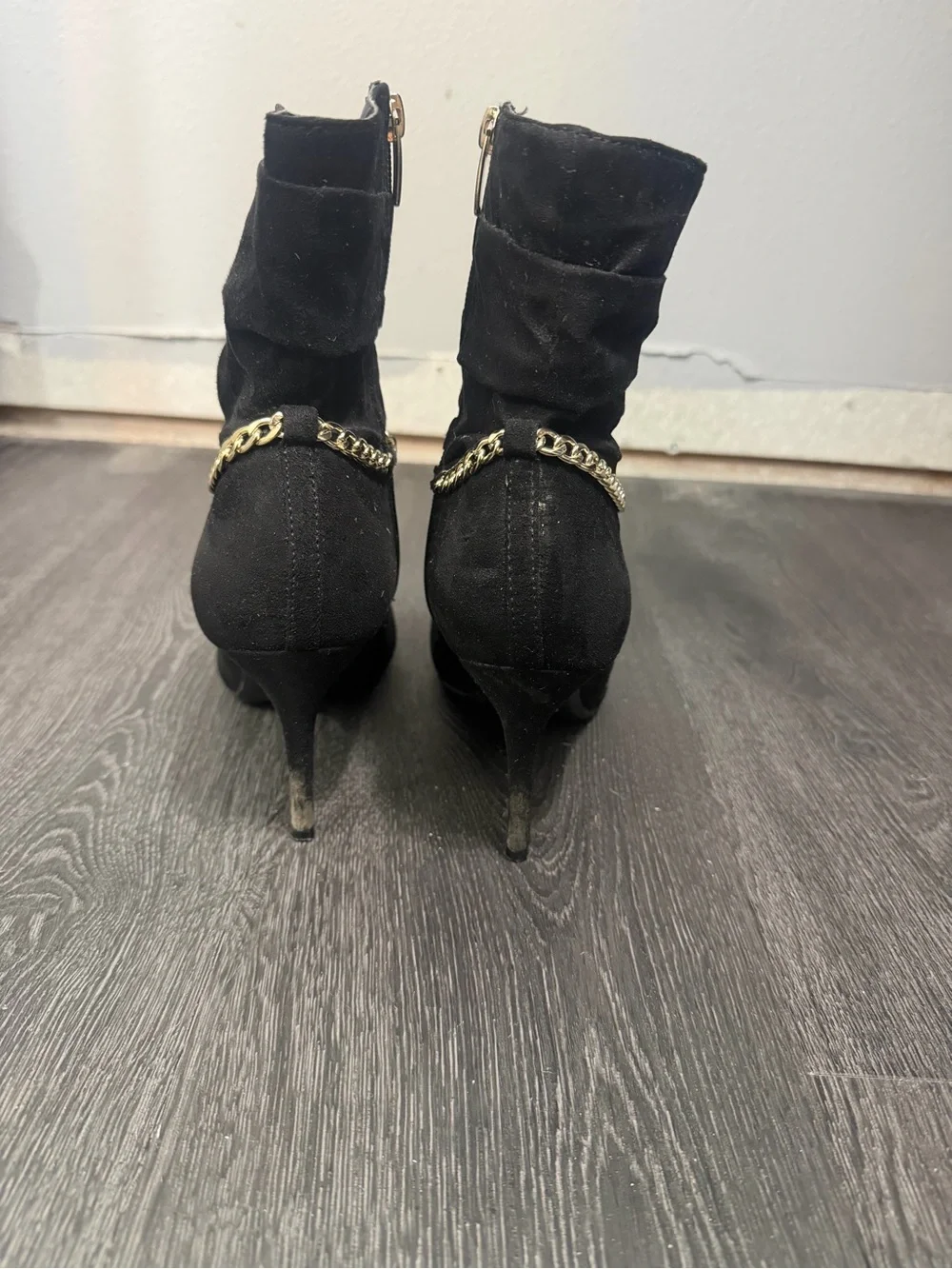 Marc Fisher Black Suede Pointed Ankle Booties with Gold Chain Accent
